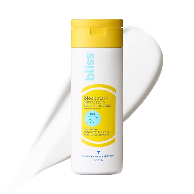 Bliss Block Star Liquid Face Sunscreen SPF 50-2 fl oz. - 100% Mineral Broad Spectrum Sunscreen With Zinc Oxide & Titanium Dioxide - Non Greasy Finish