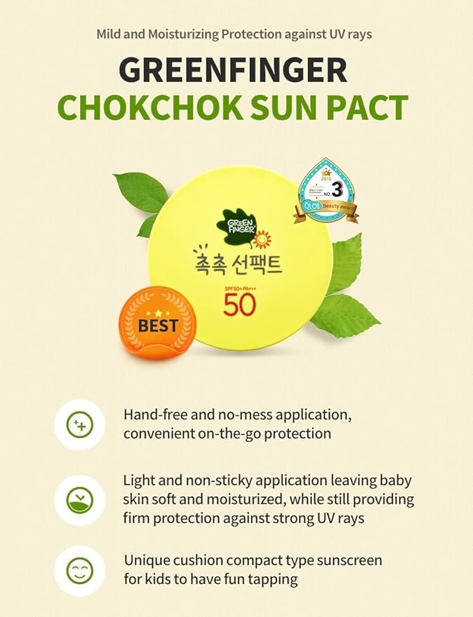 Green Finger Kids Sunscreen Facial Cushion Pact, Aloe,Baobao, Moringa, Children Sun Protection SPF50+(Product+Refill) 16g