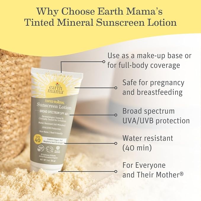 Earth Mama Tinted Mineral Sunscreen Lotion SPF 40, Contains Organic Argan and Red Raspberry Seed Oil, 3-Ounces