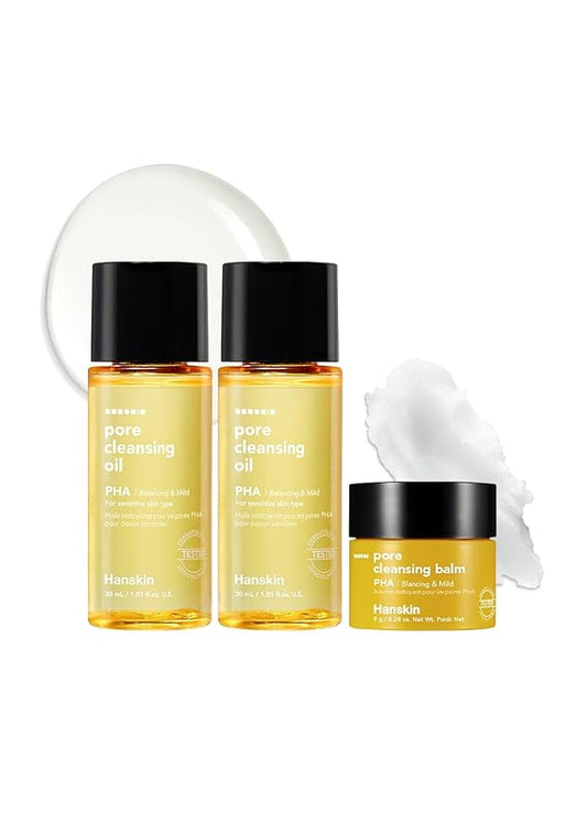 Hanskin PHA Pore Cleansing Oil and Cleansing Balm, Sample Trial Size, Travel Size Mini Makeup Remover Set, Gentle Blackhead Cleanser for Sensitive Skin [30 ml/Pack of 2] + [8g/Balm]