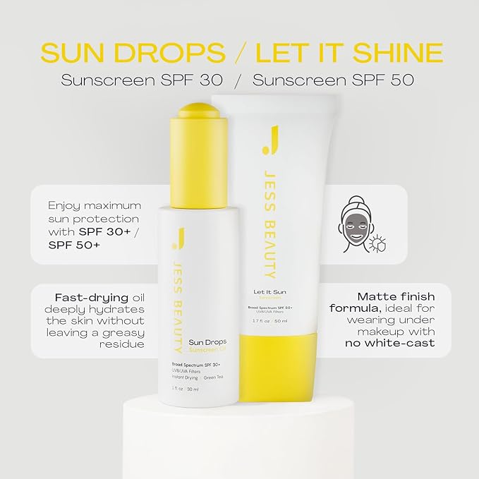 JESS BEAUTY | Sun Safe Face Sunscreen Skin Care Set SPF 50+ 1.7 fl. oz Sun Drops SPF 30+ 1 fl. oz Skincare Sunscreen for Face