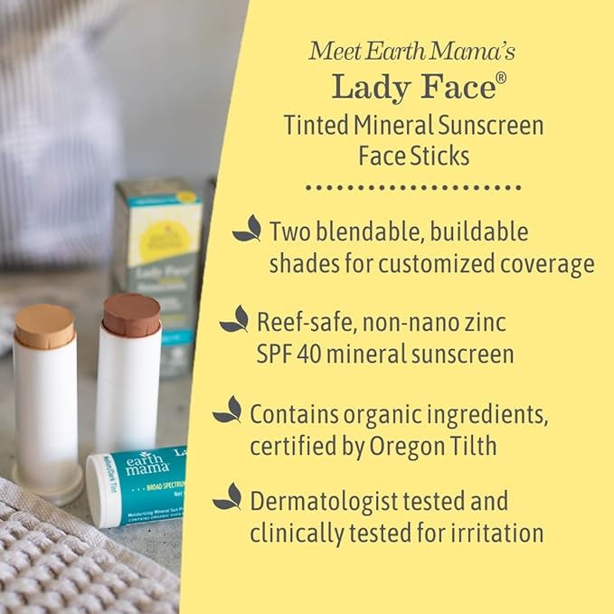 Earth Mama Lady Face® Tinted Mineral Sunscreen Face Stick SPF 40 Light/Medium Tint | Contains Organic Shea & Cocoa Butter | Foundation + Concealer Blends with Most Skin Tones