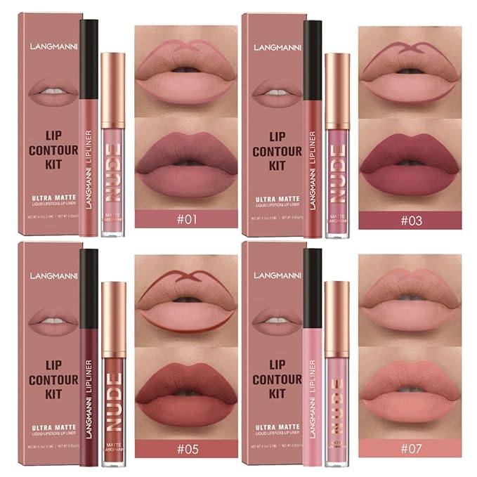 LANGMANNI 4pcs Matte Lipstick with Lipliners Durable Makeup Lipstick