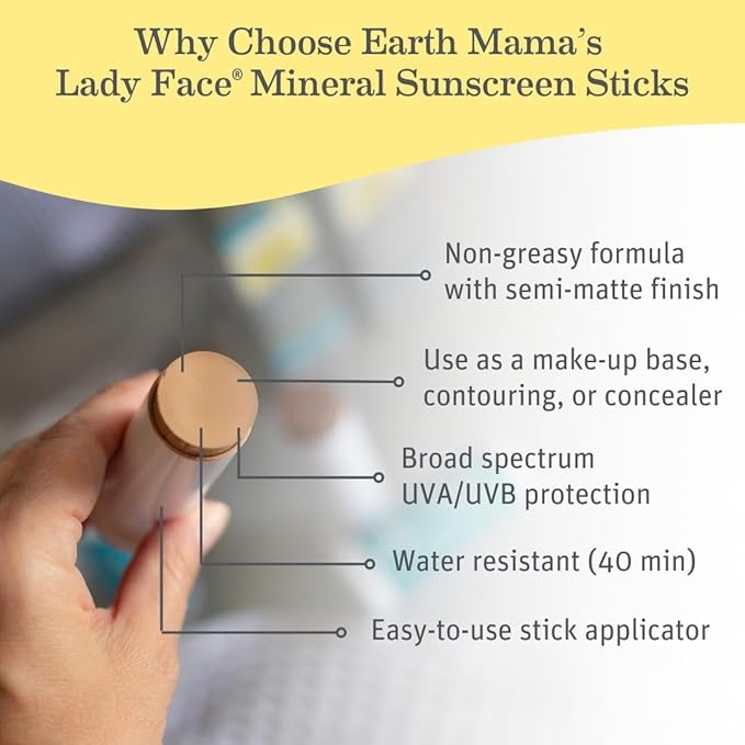 Earth Mama Lady Face® Tinted Mineral Sunscreen Stick SPF 40 Set |Contains Certified Organic Shea and Coca Butter | Foundation + Concealer + Contour, Blends with Most Skin Tones, 2-Pack