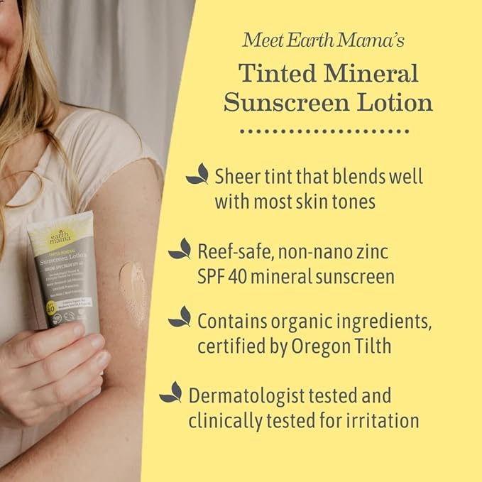 Earth Mama Tinted Mineral Sunscreen Lotion SPF 40, Contains Organic Argan and Red Raspberry Seed Oil, 3-Ounces