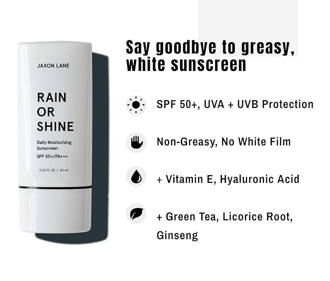 RAIN OR SHINE Anti Aging Face Sunscreen SPF 50 for Clear Skin w/Green Tea, Hyaluronic Acid, Vitamin C, Vitamin E Oil, Ginseng Extract, Licorice Root – SPF Moisturizer for Face w/Fragrance 2.03 Oz