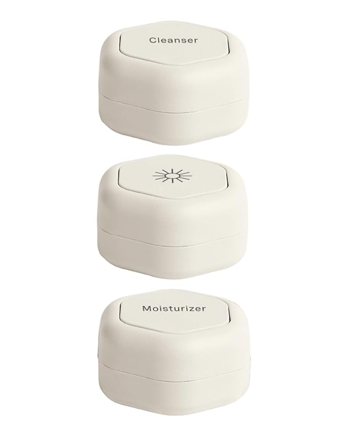 Cadence Travel Containers - Basic Skincare Set - Magnetic Travel Capsules - For Facial Cleanser, Moisturizer, Sunscreen - 3 Small Capsules (0.56oz) with Cleanser, Moisturizer & Sun-Icon Labels - Sand