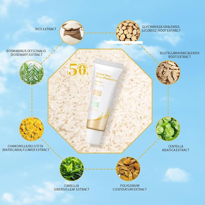 Rice Probiotic Sunscreen, Sun Relief Organic Sunscreen SPF50+, PA++++, Face Sunscreen with Niacinamide, Vitamin E, Zinc Oxide for All Skin Types