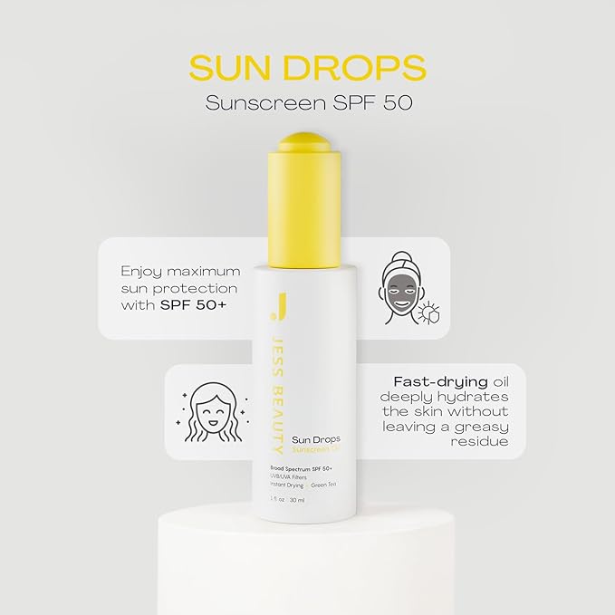 JESS BEAUTY | Face Sunscreen Sun Drops SPF 50 Skin Care Oil with Camellia Sinensis & Squalane | Skincare Fast Drying 1 fl. oz