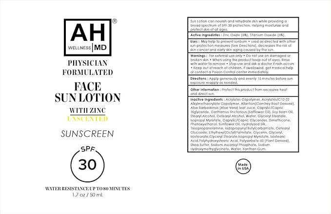 AHWellnessMD Facial Sunscreen SPF 30 Anti Aging Face Moisturizer For Women, Broad Spectrum Physical Sunscreen with Zinc Oxide, Tinted Face Sunscreen, Non-Greasy, Unscented, 1.7oz