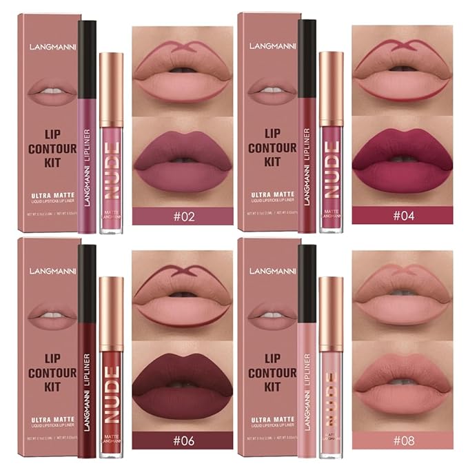 LANGMANNI 4pcs Matte Lipstick with Lipliners Durable Makeup Lipstick