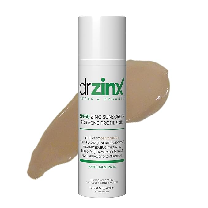 Dr ZinX Organic Mineral Sunscreen for Acne Prone Skin SPF50, OLIVE Tint, Zinc + Hinokitiol (Cedar Oil)