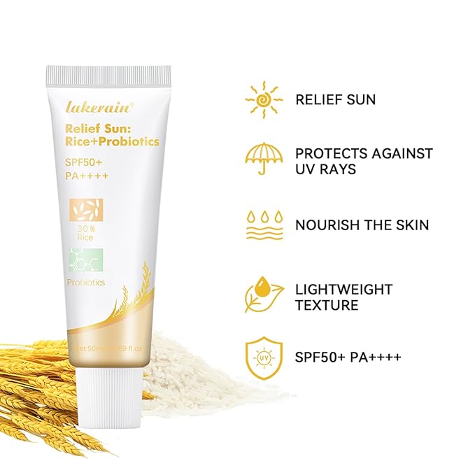 Relief Sun Rice + Probiotics Organic Sunscreen, Rice Sunscreen with UV Defense and SPF50, Moisturizing Sunscreen with Face and Body Protection for All Skin Type