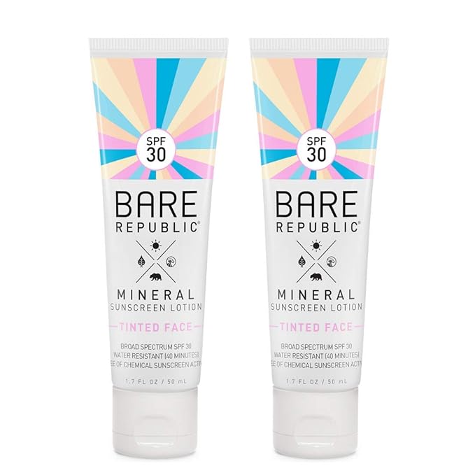 Bare Republic Tinted Mineral Sunscreen SPF 30 Sunblock Face Lotion, Sheer and Non-Greasy Finish, 1.7 Fl Oz, 2 Pack