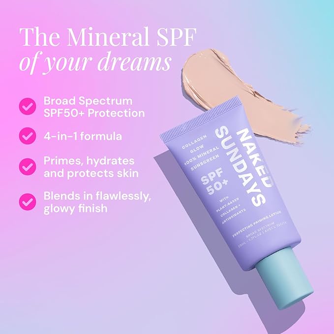 SPF50+ Collagen Glow 100% Mineral Sunscreen, Hydrating 100% Mineral Sunscreen With Zinc Oxide, Vegan Collagen, Primer & A Sheer Tint for Healthy Glow (50ml)