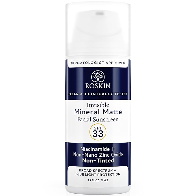 Roskin Invisible Mineral Sunscreen for Face with Non Nano Zinc Oxide - Clinically Tested Nontinted Face Sunscreen with SPF 33 Broad Spectrum & Blue Light Protection - For All Skin Types (1.7 FI Oz)