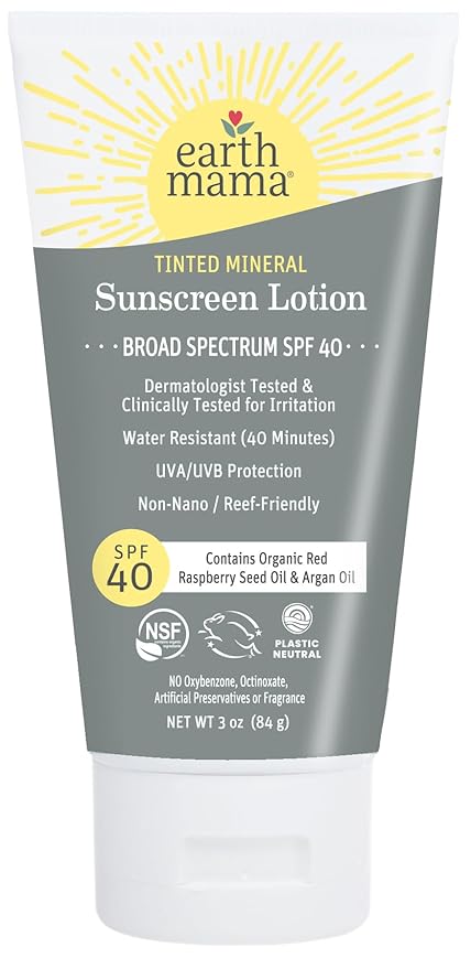 Earth Mama Tinted Mineral Sunscreen Lotion SPF 40, Contains Organic Argan and Red Raspberry Seed Oil, 3-Ounces