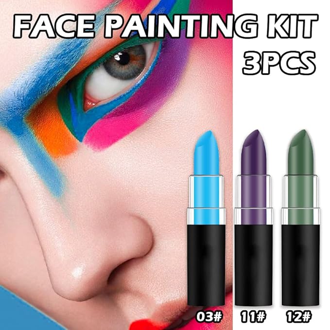 Kaely 3Pcs Face Paint Stick,Pro Eye Black Stick Baseball Football Softball,Easy to Color,Blue Green Purple Matte Lipstick Face Body Paint Set,Halloween Birthday Party Clown Makeup Sets