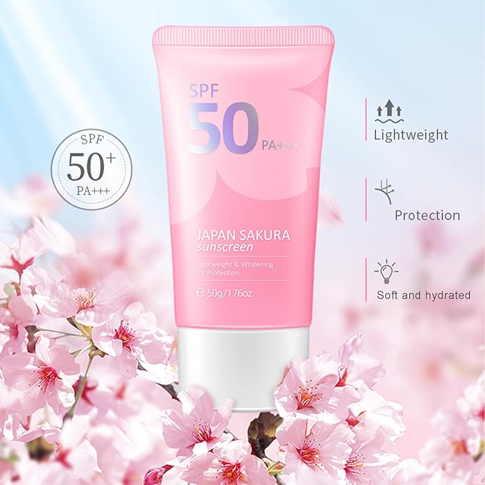 Japan Sakura Sun Cream SPF 50, Sunscreen For Face SPF 50 Sun Protection Over Makeup, SPF 50 Face Moisturiser Non-Greasy + Lightweight