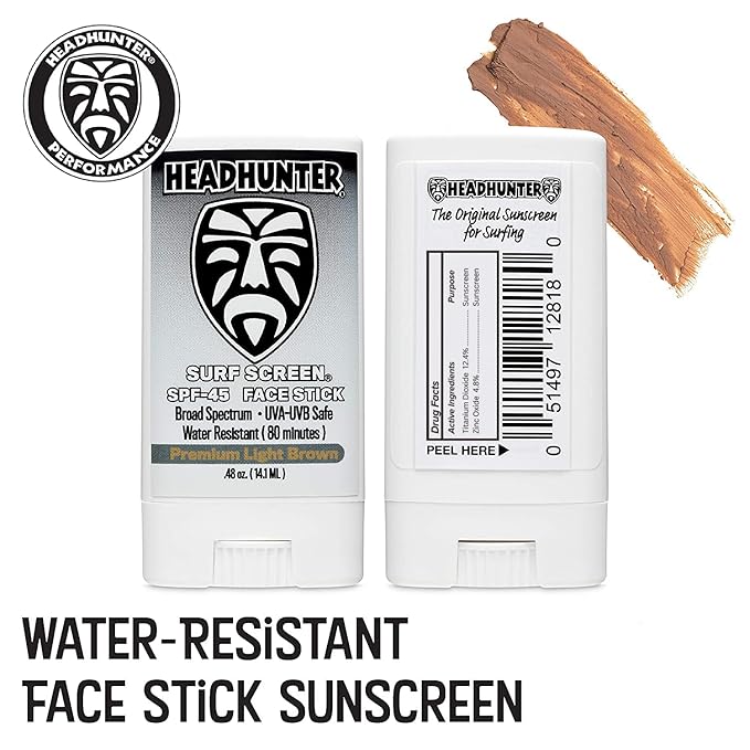 Headhunter Sunscreen Face Stick SPF 45, Waterproof Surf Sunblock for Waterman, Water-Resistant Facial Sunscreen for Ultra-Sport Protection and Solar Defense (80 min), Tinted Light Brown (1 pack)