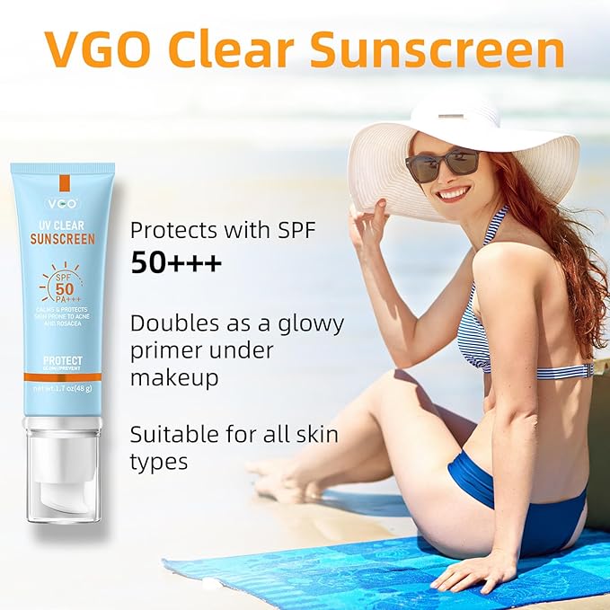 VGO Clear Face Sunscreen SPF 50, Hydrating Sun Essence Face Sunscreen Leaves No Sticky Feeling Travel Size Sunscreen Against UVA and UVB Rays 50ml / 1.7oz