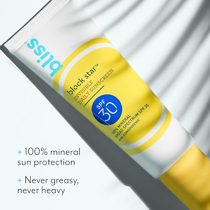 Bliss Block Star SPF 30 Invisible Daily Tinted Sunscreen with Zinc Oxide, Sunscreen & Makeup Primer - 100% Mineral Broad Spectrum Sunscreen with Titanium Dioxide and Antioxidant Blend,- 1.4 fl oz.