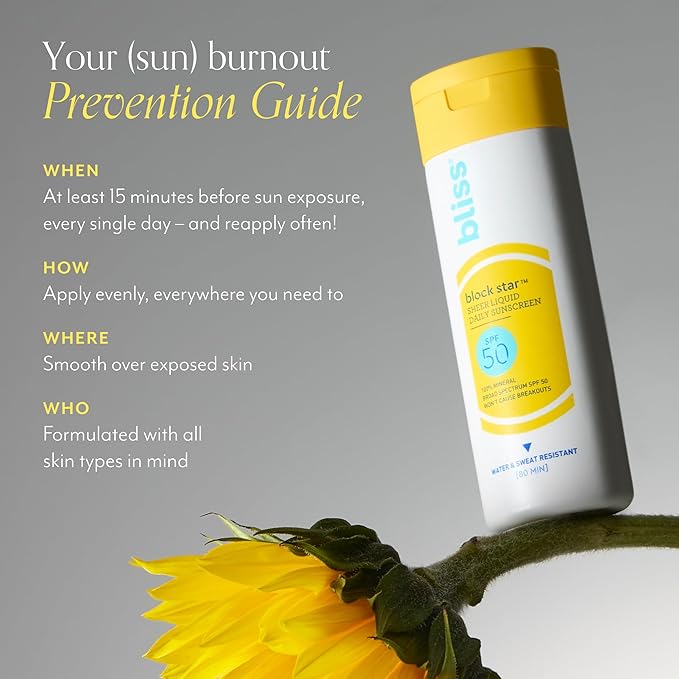 Bliss Block Star Liquid Face Sunscreen SPF 50-2 fl oz. - 100% Mineral Broad Spectrum Sunscreen With Zinc Oxide & Titanium Dioxide - Non Greasy Finish