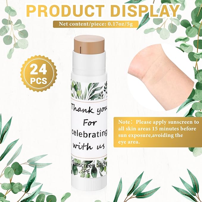 24 Pcs Mini Sunscreen Stick Bulk for Summer Wedding SPF 30 Face Sunscreen Stick Water Resistant Light Skin Tone Sun Block Stick for Thank You Gifts Adults Travel Wedding Party Supplies(Leaf Style)