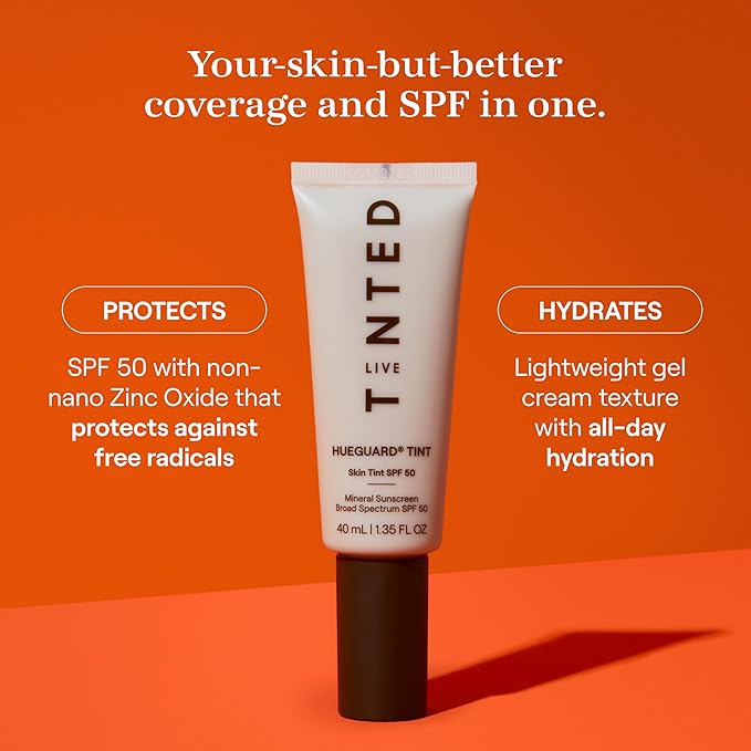 Live Tinted Hueguard Skin Tint SPF 50 - Tinted Mineral Sunscreen with Light-Medium Buildable Coverage With a Hydrating and Radiant Finish - Water and Sweat Resistant, 1.35 fl oz - Shade 08