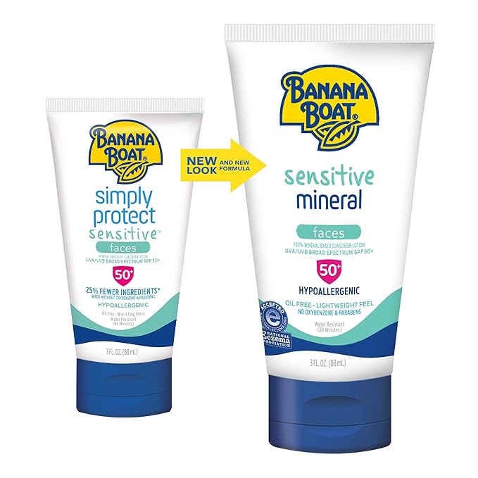 Banana Boat Sensitive 100% Mineral Face Sunscreen Lotion SPF 50, 3oz | Travel Size Sunscreen, Mini Sunscreen for Face, Banana Boat Face Sunscreen, Banana Boat Mineral Sunscreen SPF 50, 3oz