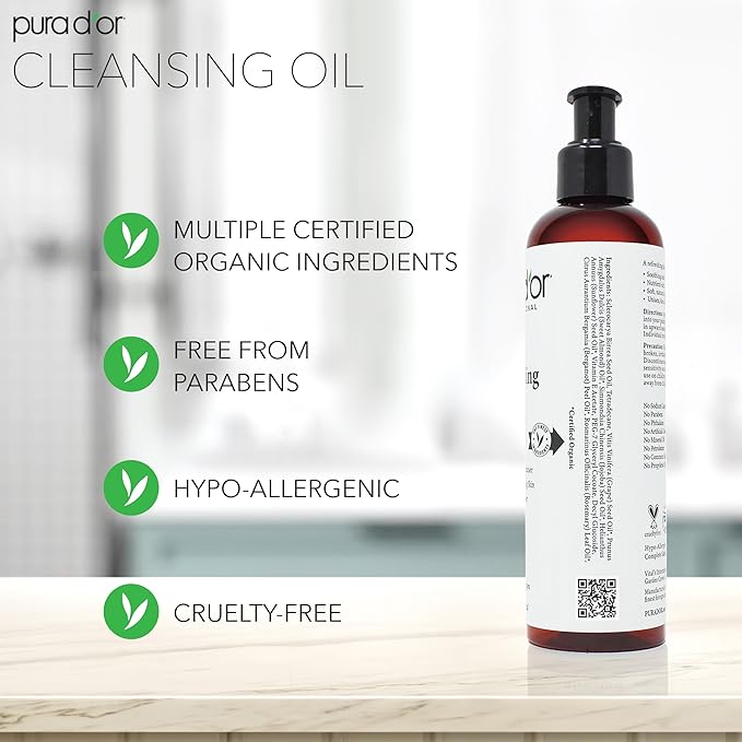 PURA D'OR Facial Cleansing Oil (8 Oz x3 = 24 Oz) Nourishing Botanical Blend with & Vitamin, Jojoba and Sunflower Oil - Gentle Makeup Remover & Deep Cleanser For Healthy, Glowing Skin - Paraben-Free