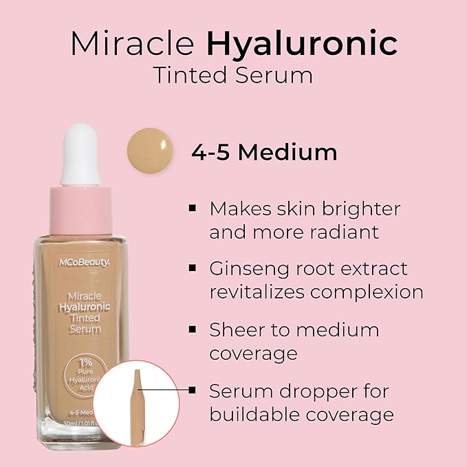 MCoBeauty Miracle Hyaluronic Tinted Serum, 4-5 Medium, Hydration Free Cosmetics