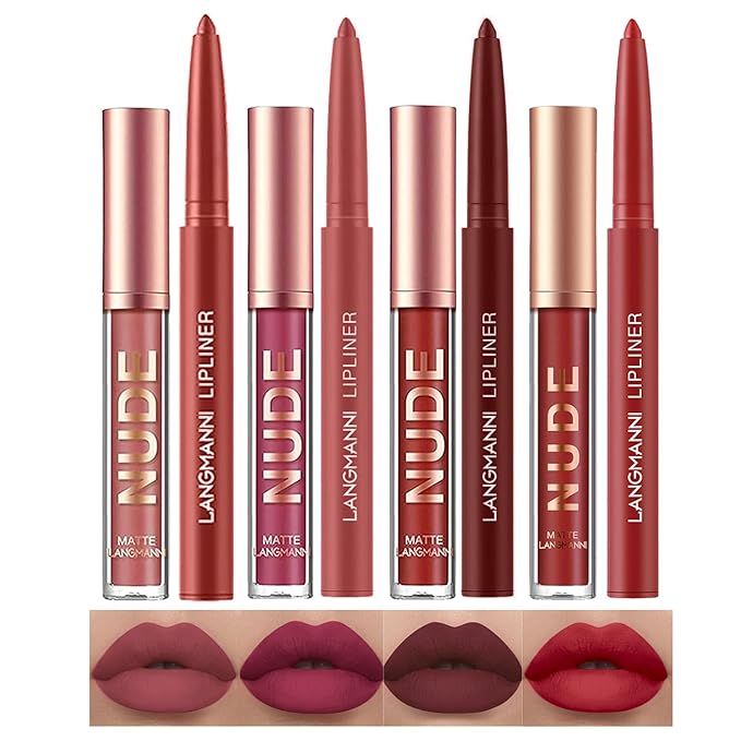 LANGMANNI 4pcs Matte Lipstick with Lipliners Durable Makeup Lipstick