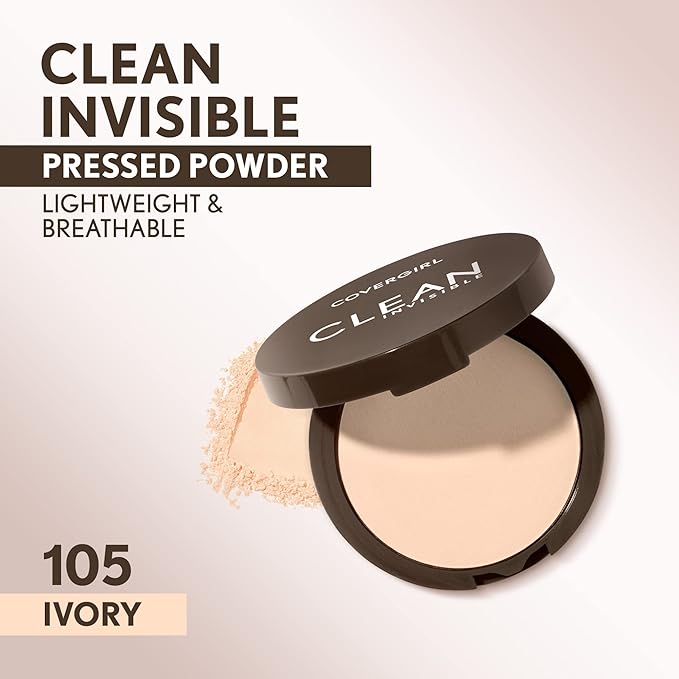 Covergirl Clean Invisible Pressed Powder, Lightweight, Breathable, Vegan Ivory 105, 0.38oz