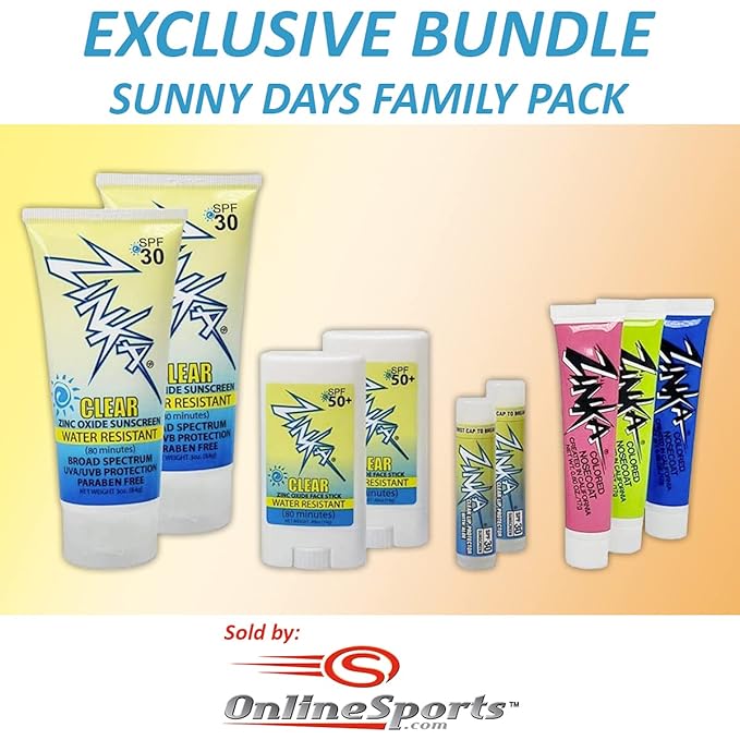 Zinka Sunny Days Family Pack - SPF 30/50 - UVA & UVB Sunscreen Protection for Face, Body, Lips - Water Resistant, Oil Free, No Parabens - (3) Nosecoats, (2) Lotions, (2) Face Sticks, (2) Lip Balms