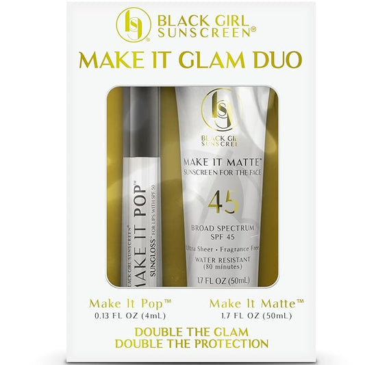 – Face & Lip Sunscreen Make It Glam Duo – 1 SPF 45 Make it Matte Clear Sunscreen for Face & 1 Make it Pop SPF 50 Sungloss for Protected Poppin' Lips