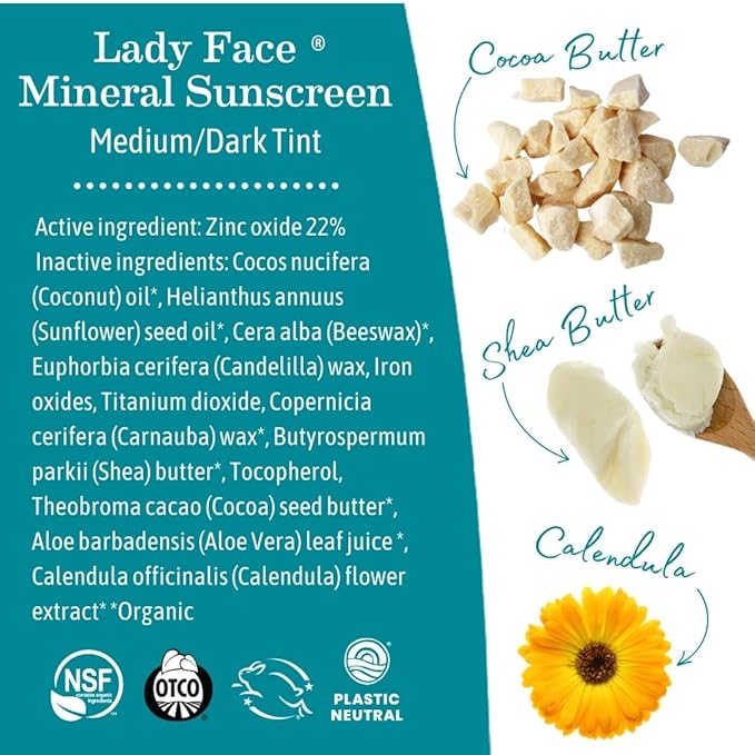 Earth Mama Lady Face® Tinted Mineral Sunscreen Stick, SPF 40 Medium/Dark Tint | Contains Organic Shea & Cocoa Butter | Foundation + Concealer + Contour, Blends with Most Skin Tones