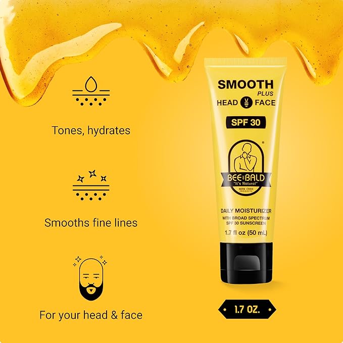 Bee Bald SMOOTH PLUS Daily Moisturizer w/SPF 30 Broad Spectrum Sunscreen Tones, Hydrates & Moisturizes While Protecting Skin From The Sun's Harmful UVA/UVB Rays, 1.7 Fl Oz Each (Pack of 2)