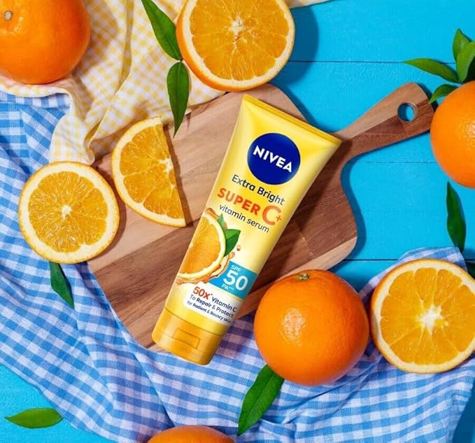 Nivea Extra Bright Super C+ Vitamin Body Serum Sunscreen, SPF50+ PA+++ Size 320 ml, 10.82 Oz (Pack Of 1)