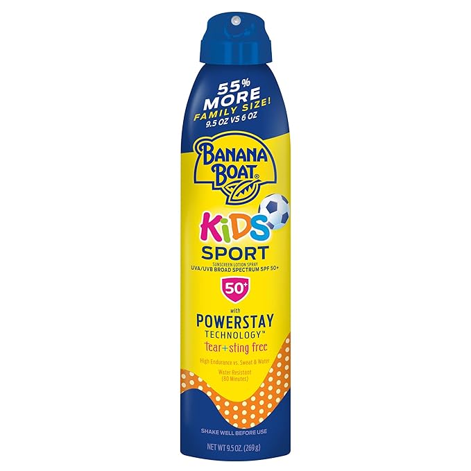 Banana Boat Kids Sport Sunscreen Spray SPF 50, 9.5oz | Kids Sunscreen, Kids Sunblock Spray, Oxybenzone Free Sunscreen for Kids, Spray Sunscreen SPF 50, Family Size Sunscreen, 9.5oz