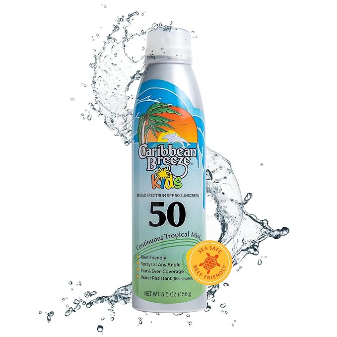 Caribbean Breeze Continuous Tropical Mist SPF 50 Sunscreen Spray for Kids, Reef Safe Sunscreen Spray, Up to 80 Minutes Water Resistant, 5.5 Ounces