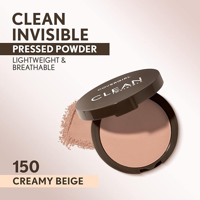 Covergirl Clean Invisible Pressed Powder, Lightweight, Breathable, Vegan Beige 150, 0.38oz