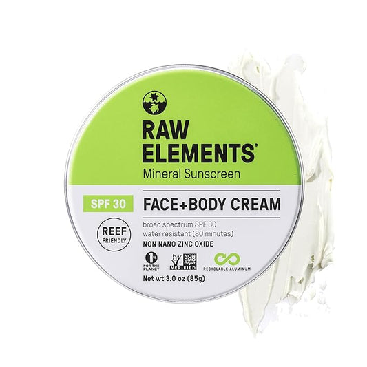 Raw Elements Face and Body Mineral Sunscreen SPF 30 Tin, Organic Sunblock Daily Protection, Non Toxic Reef Safe, Water Resistant, Cruelty Free, Plastic Free, 3 oz (Pack of 1)