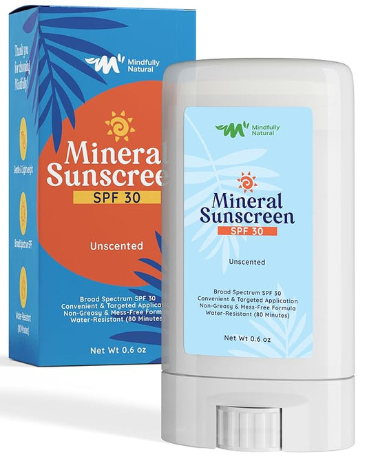 Natural Sunscreen Stick SPF 30 Broad Spectrum Mineral Sunblock for Face & Sensitive Skin - Zinc Oxide 18% Sun Screen Sticks, Travel Size