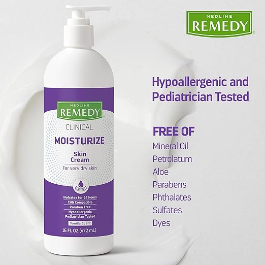 Medline Remedy Clinical Skin Cream, Vanilla Scent (16 fl oz), Moisturizing Face and Body Cream for All Ages, Paraben & Sulfate Free, Quick Absorbent Formula, Hypoallergenic Skin Moisturizer