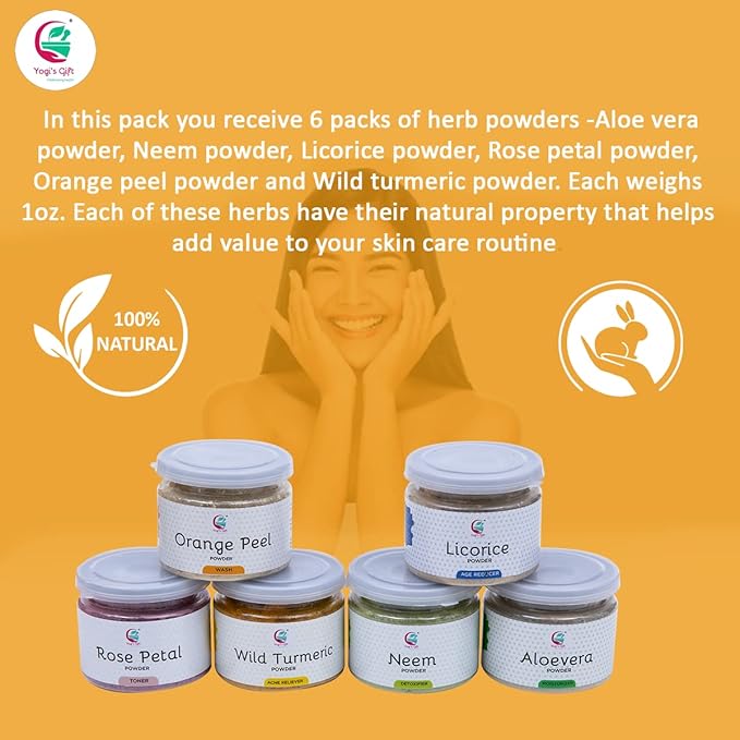 Ayurvedic Skin Care Sampler | Six Powders in One Pack | Aloe vera Powder, Rose Powder, Wild Turmeric Powder, Licorice Powder, Neem Powder & Orange Peel Powders 1oz Each | Soap Making Ingredient