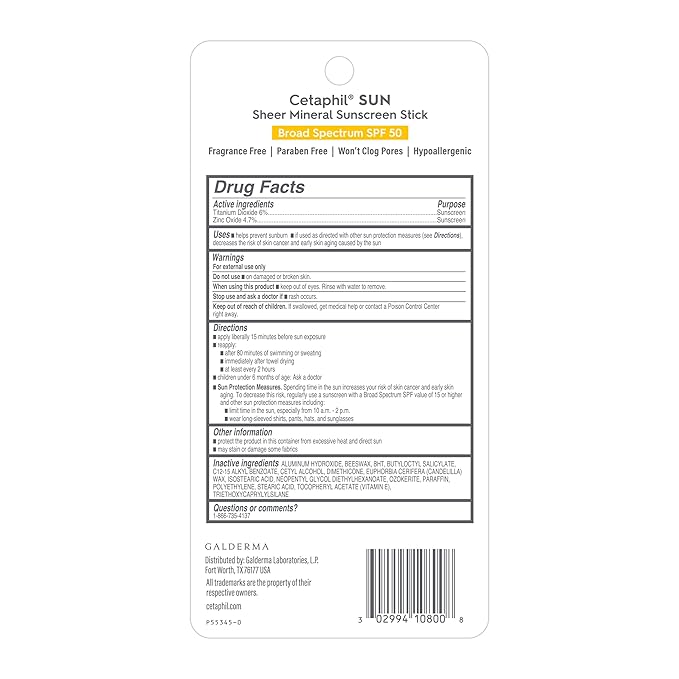 Cetaphil Sheer Mineral Sunscreen Stick for Face & Body, 0.5oz, 100% Mineral Sunscreen: Zinc Oxide & Titanium Dioxide, Broad Spectrum SPF 50, For Sensitive Skin