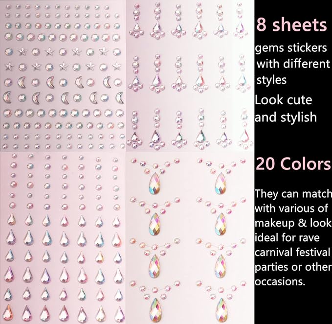 8 sheets face gems jewels