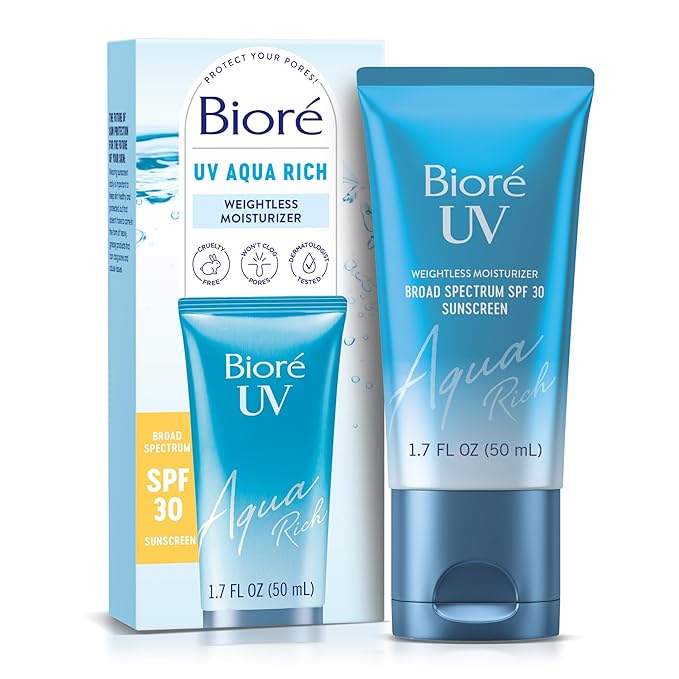 Biore UV Aqua Rich SPF 30 PA+++ Daily Moisturizer Sunscreen for Face, For Sensitive Skin, Oil Free, Hyaluronic Acid, Vegan, Oxybenzone & Octinoxate Free, Dermatologist Tested, 1.7 Oz