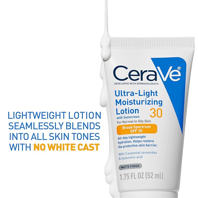 CeraVe Ultra-Light Moisturizing Lotion With SPF 30| Daily Face Moisturizer with SPF | Formulated with Hyaluronic Acid & Ceramides | Broad Spectrum SPF | Oil Free | Matte Finish | 1.7 Ounce